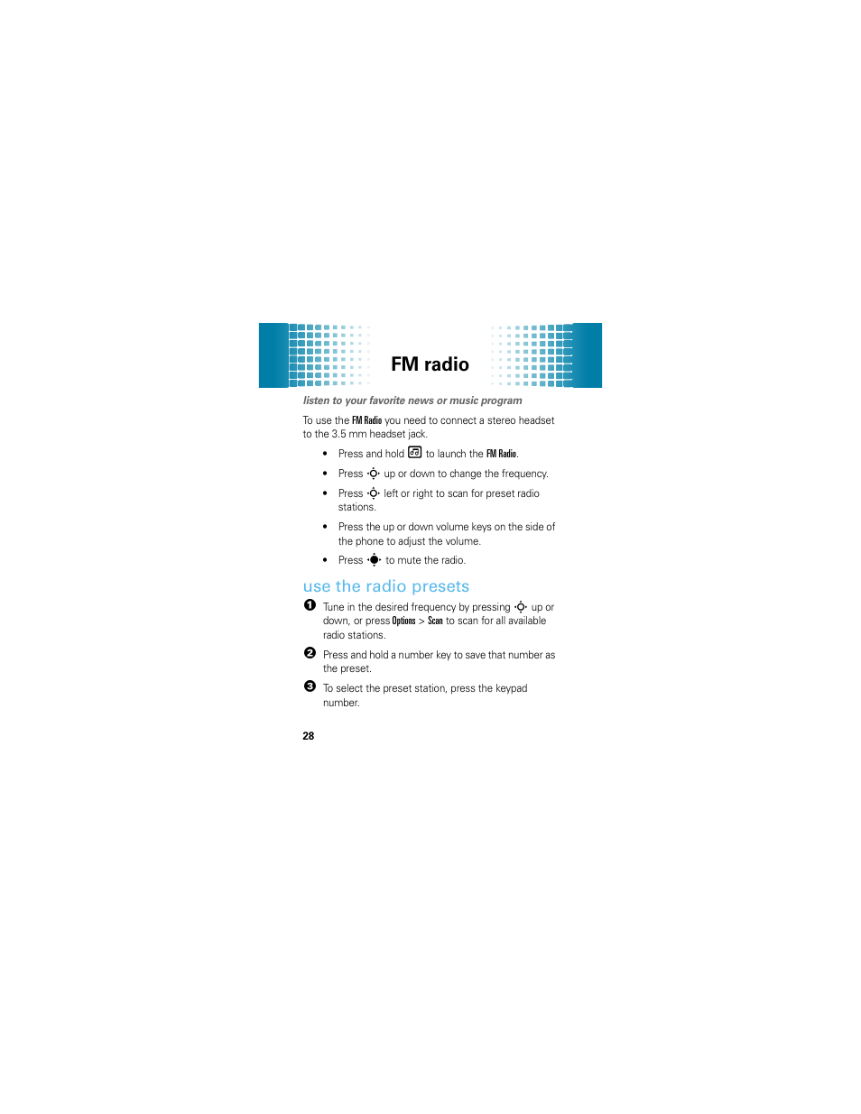 Fm radio, Use the radio presets | Motorola EM326G User Manual | Page 30 / 60