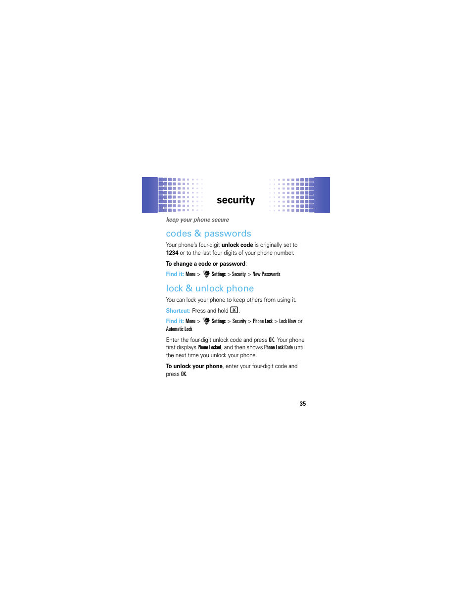 Security, Codes & passwords, Lock & unlock phone | Motorola EM326G User Manual | Page 37 / 60