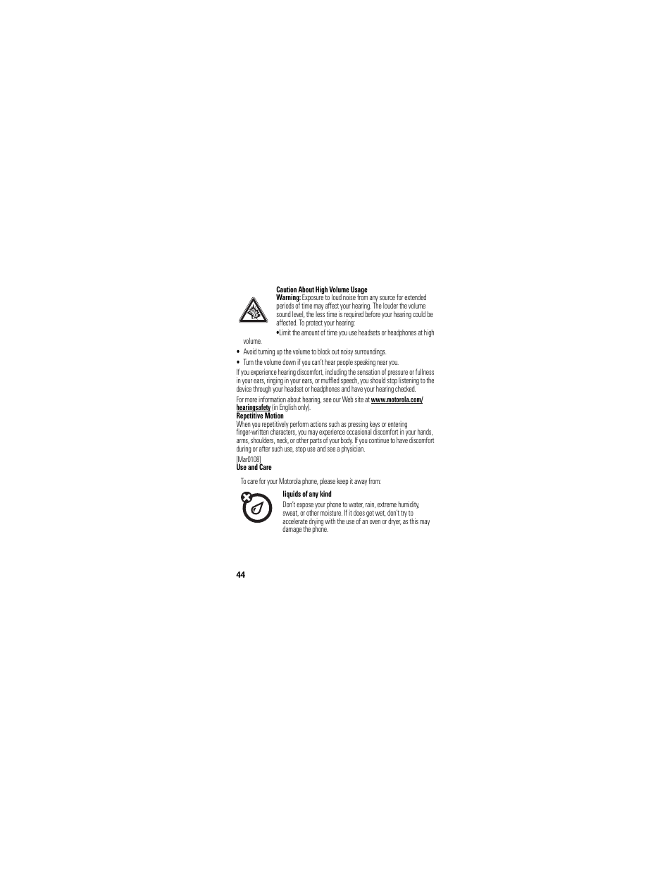 Use and care | Motorola EM326G User Manual | Page 46 / 60