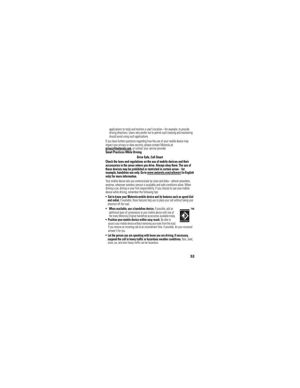 Driving safety | Motorola EM326G User Manual | Page 55 / 60
