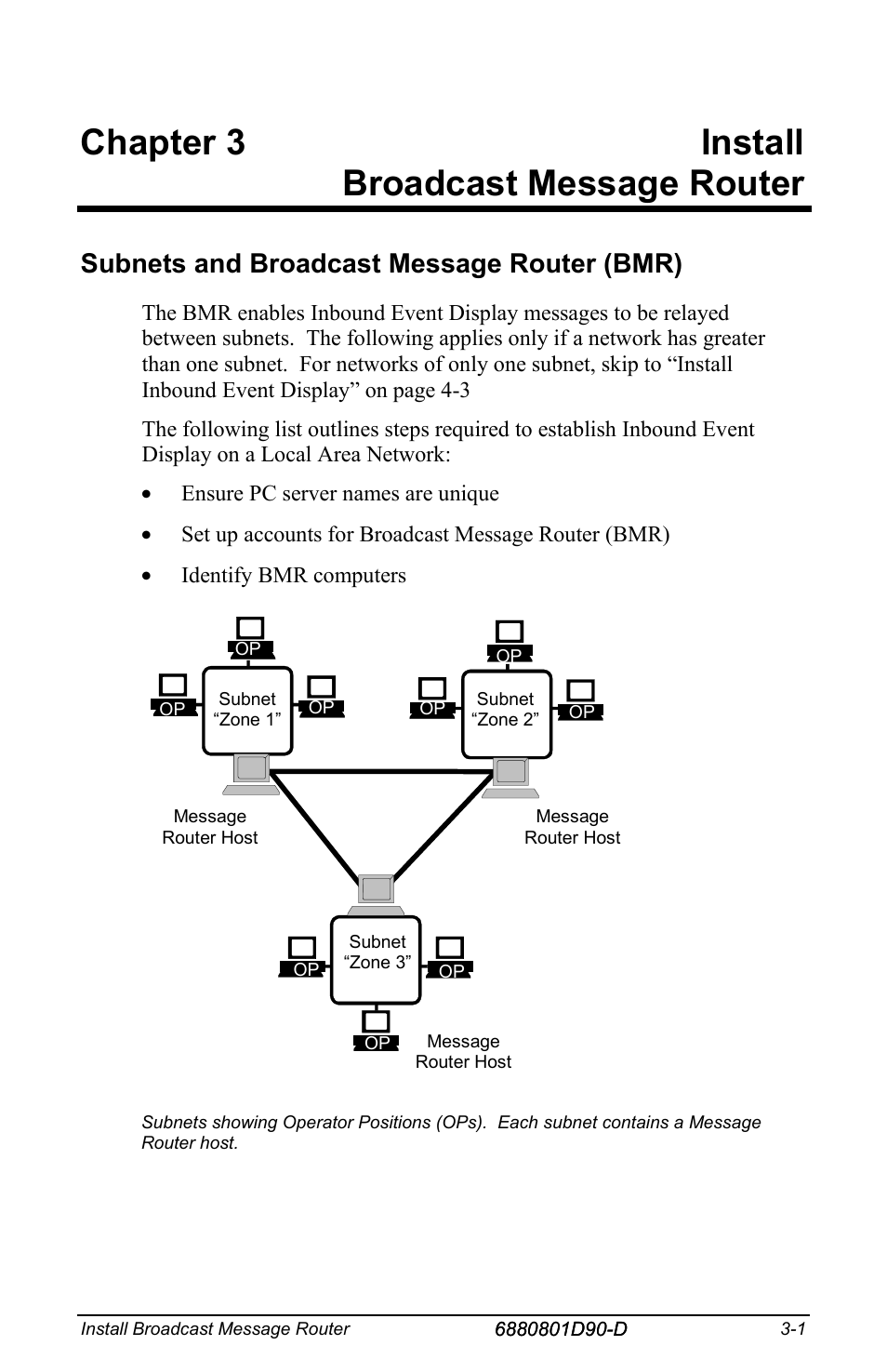 Chapter 3 install broadcast message router, Subnets and broadcast message router (bmr) | Motorola CENTRACOM 6880801D90-D User Manual | Page 31 / 82