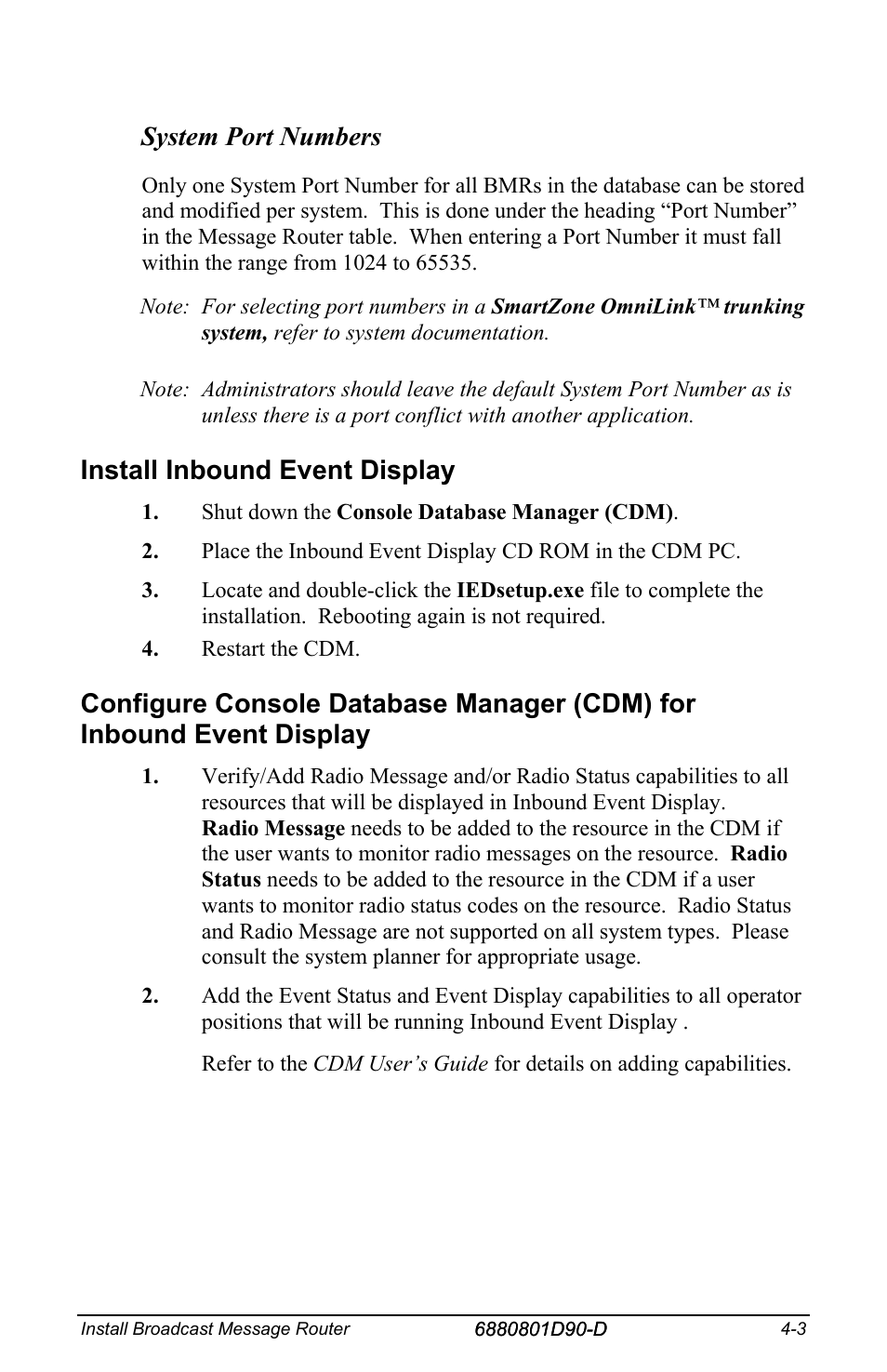 System port numbers, Install inbound event display | Motorola CENTRACOM 6880801D90-D User Manual | Page 43 / 82