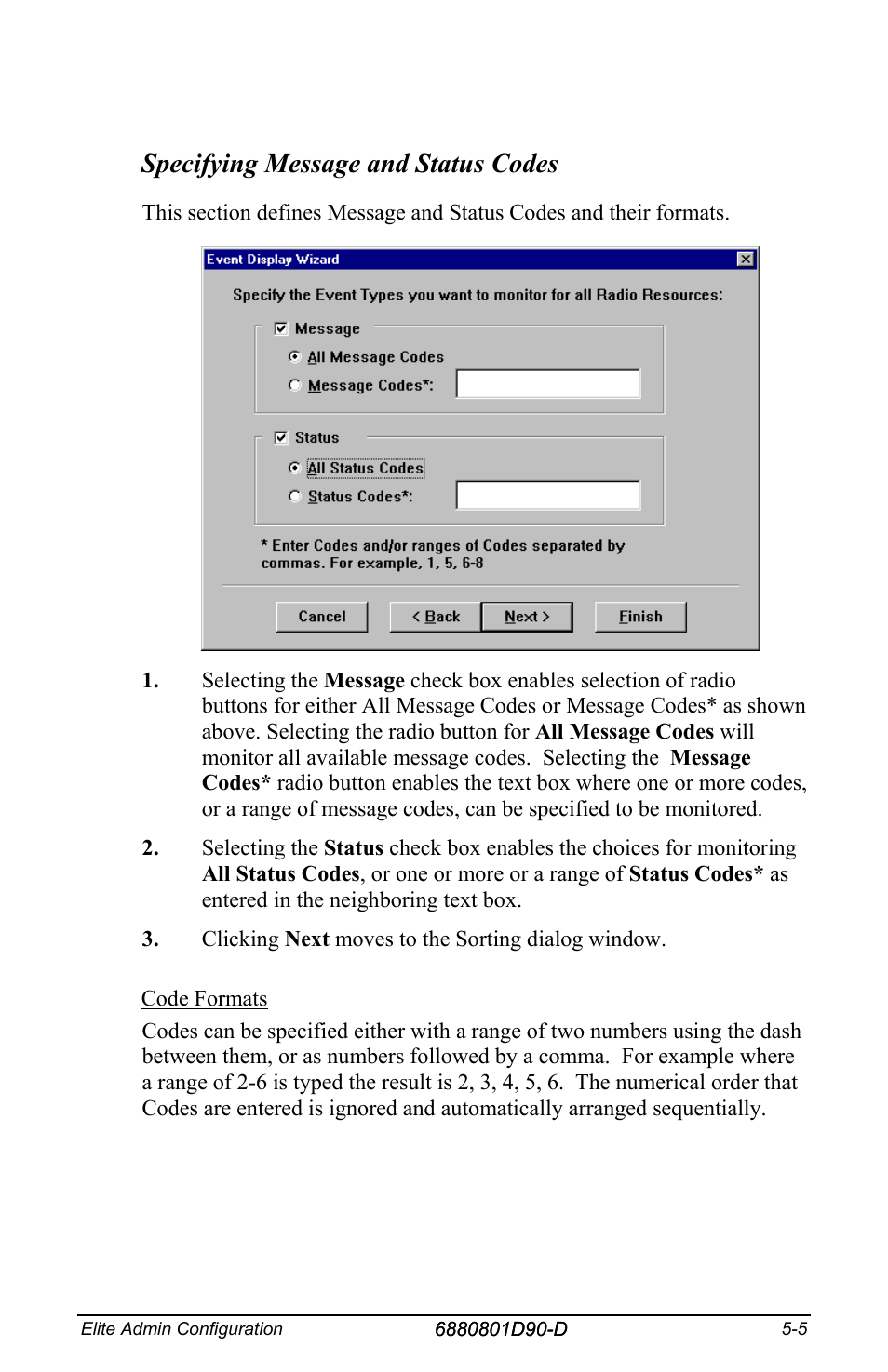 Specifying message and status codes | Motorola CENTRACOM 6880801D90-D User Manual | Page 49 / 82