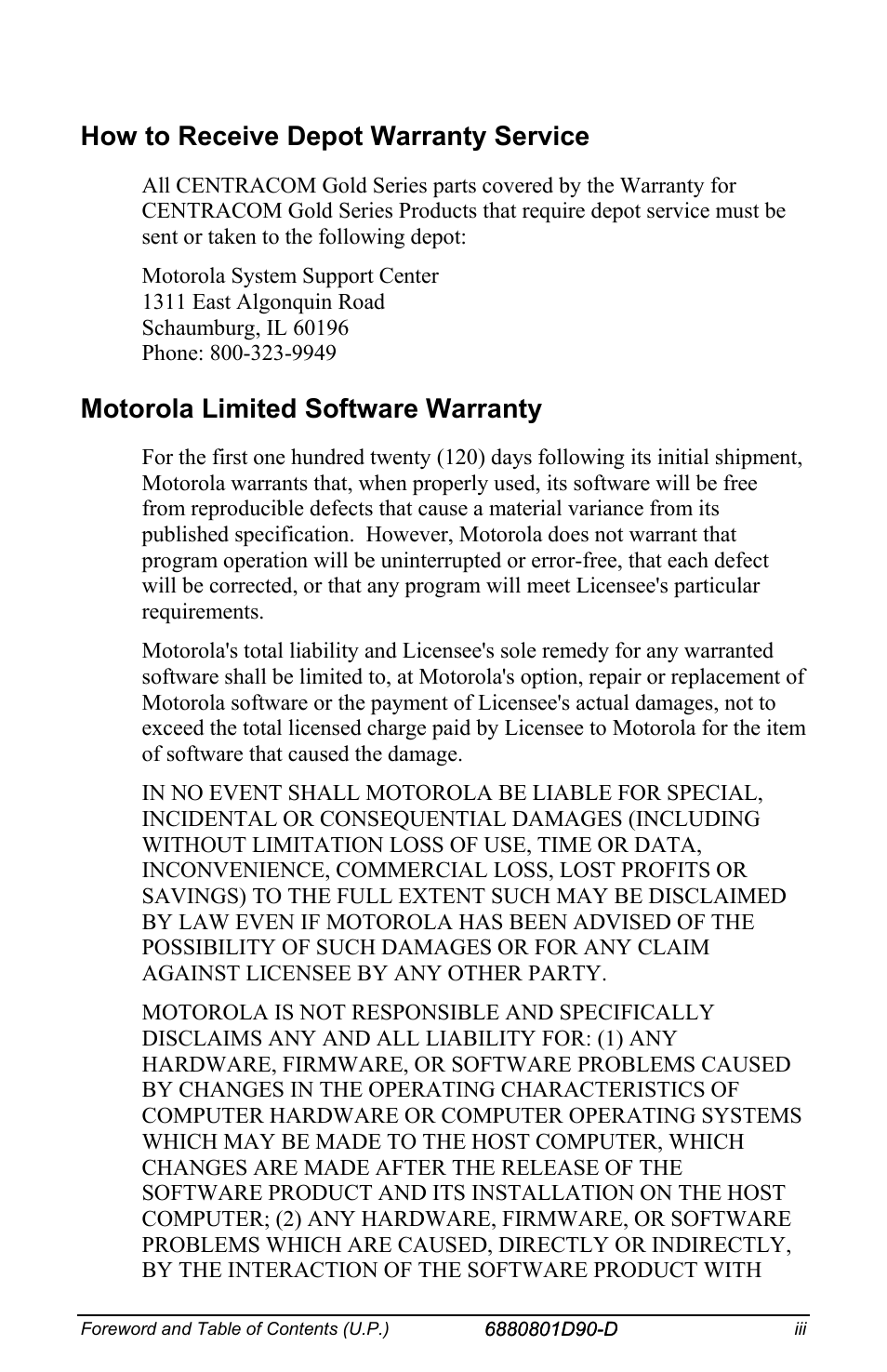 How to receive depot warranty service, Motorola limited software warranty | Motorola CENTRACOM 6880801D90-D User Manual | Page 5 / 82