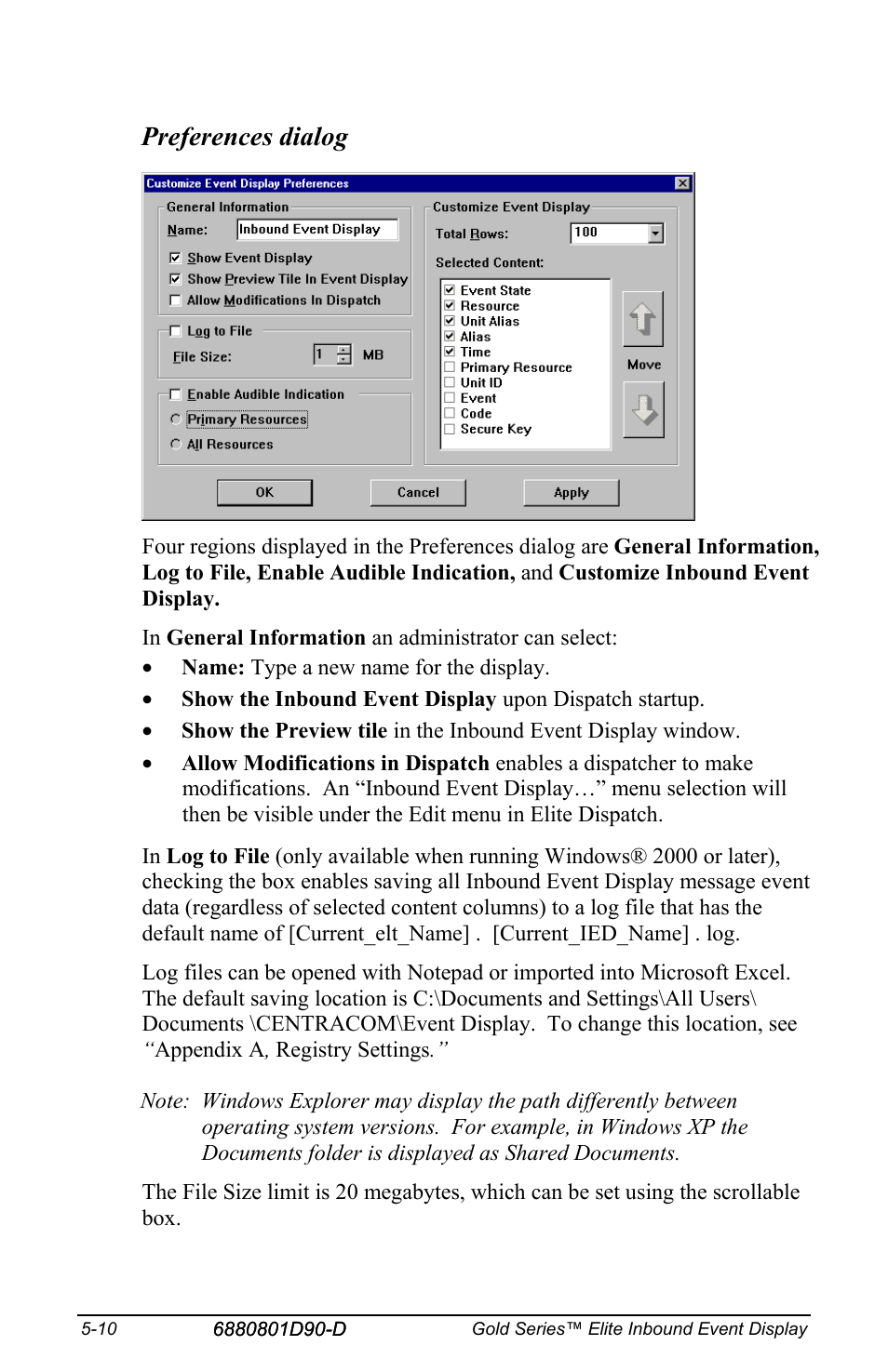 Preferences dialog | Motorola CENTRACOM 6880801D90-D User Manual | Page 54 / 82