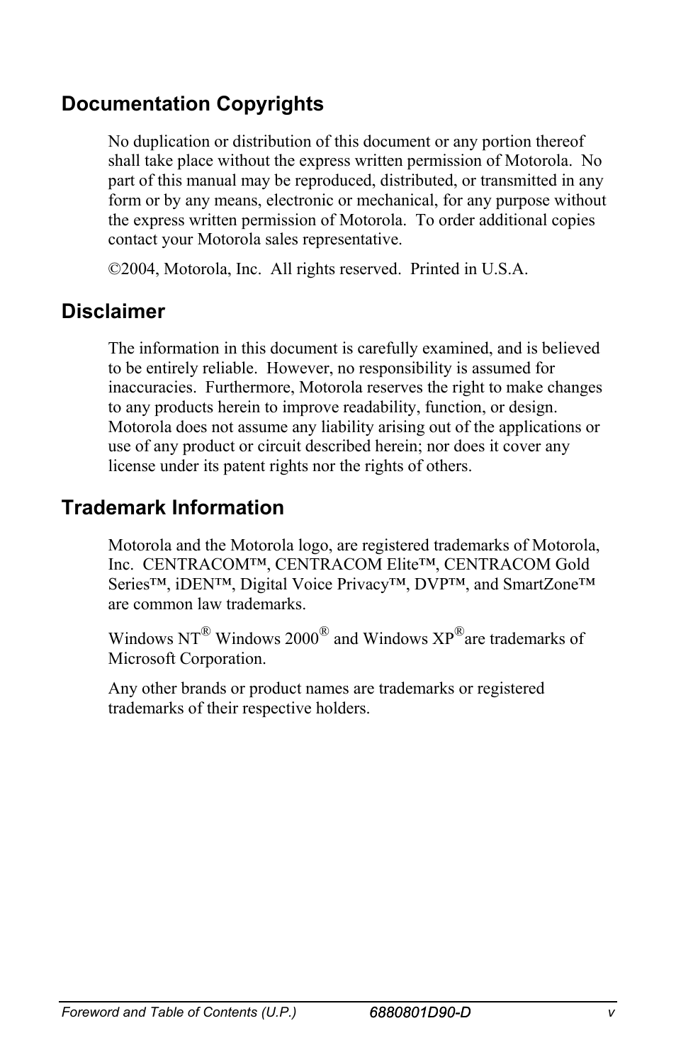 Documentation copyrights, Disclaimer, Trademark information | Motorola CENTRACOM 6880801D90-D User Manual | Page 7 / 82