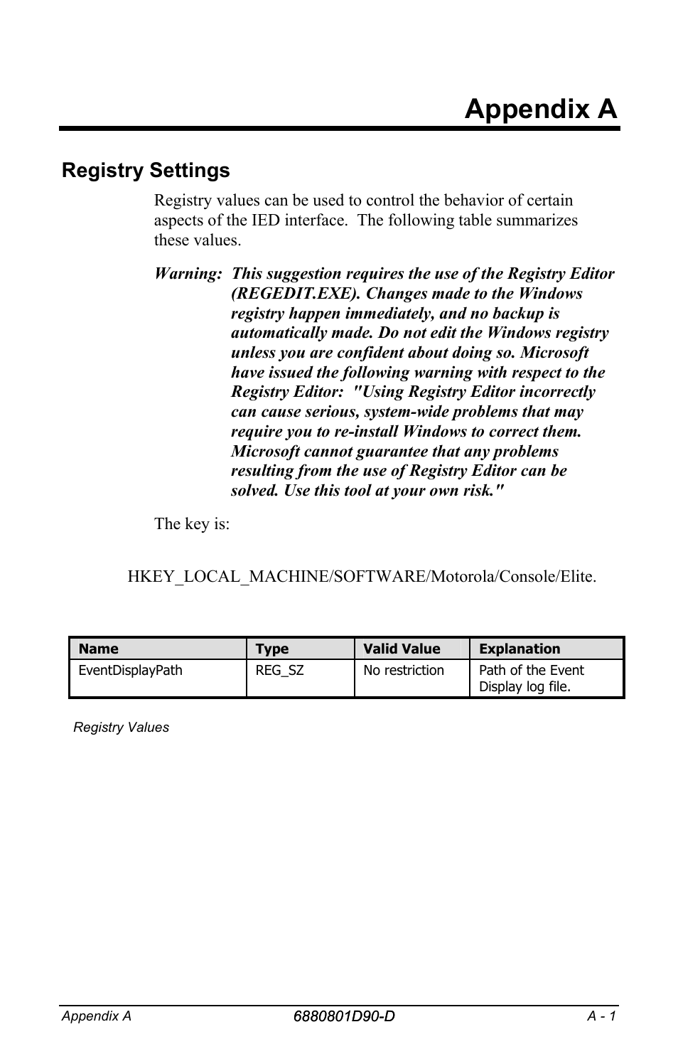 Appendix a, Registry settings | Motorola CENTRACOM 6880801D90-D User Manual | Page 77 / 82