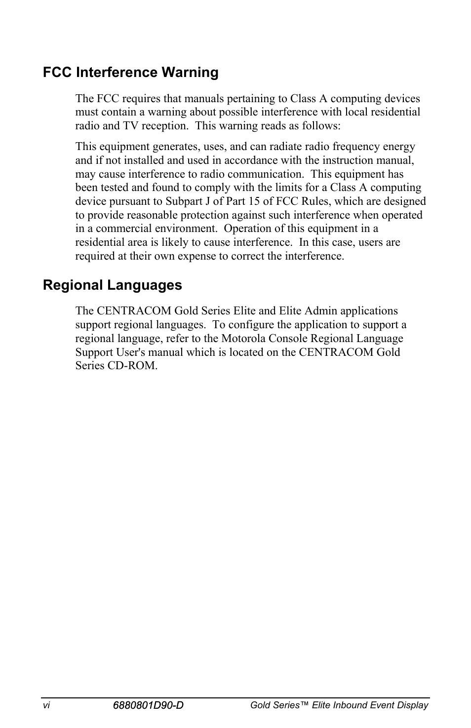 Fcc interference warning, Regional languages | Motorola CENTRACOM 6880801D90-D User Manual | Page 8 / 82