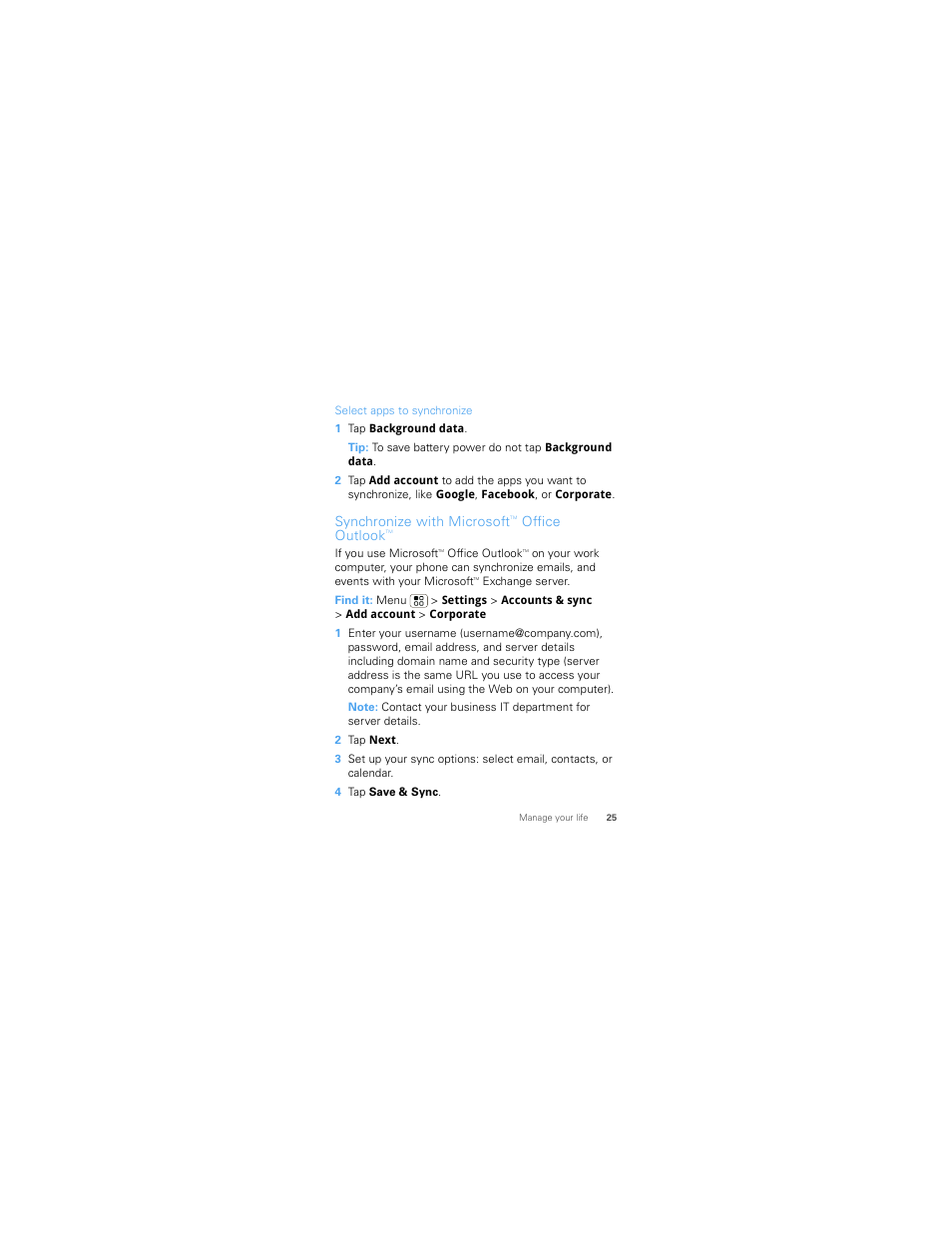 Synchronize with microsofttm office outlooktm, Synchronize with microsoft, Office outlook | Motorola 68000202986-A User Manual | Page 27 / 62