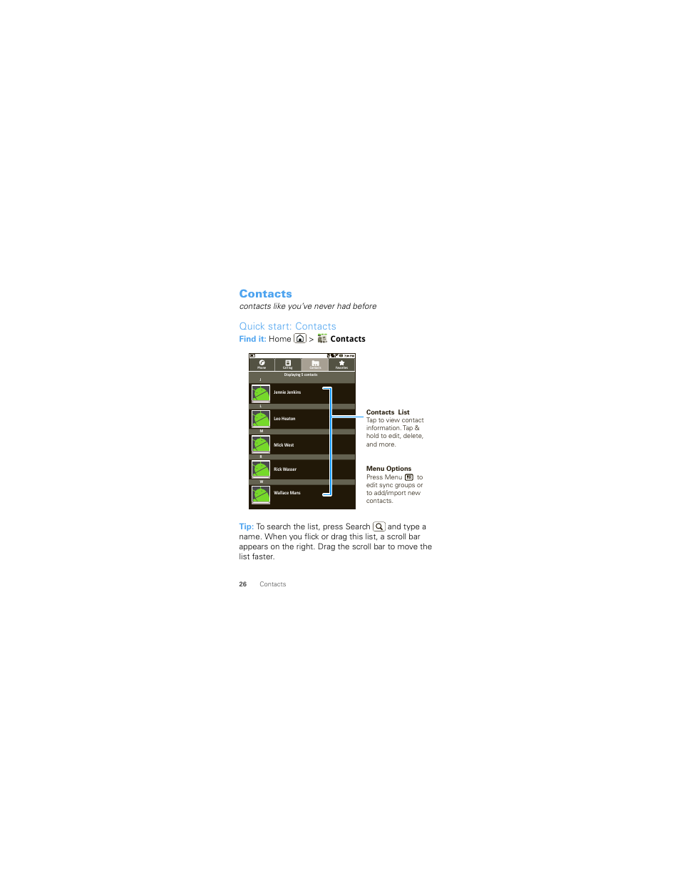 Contacts, Quick start: contacts | Motorola 68000202986-A User Manual | Page 28 / 62