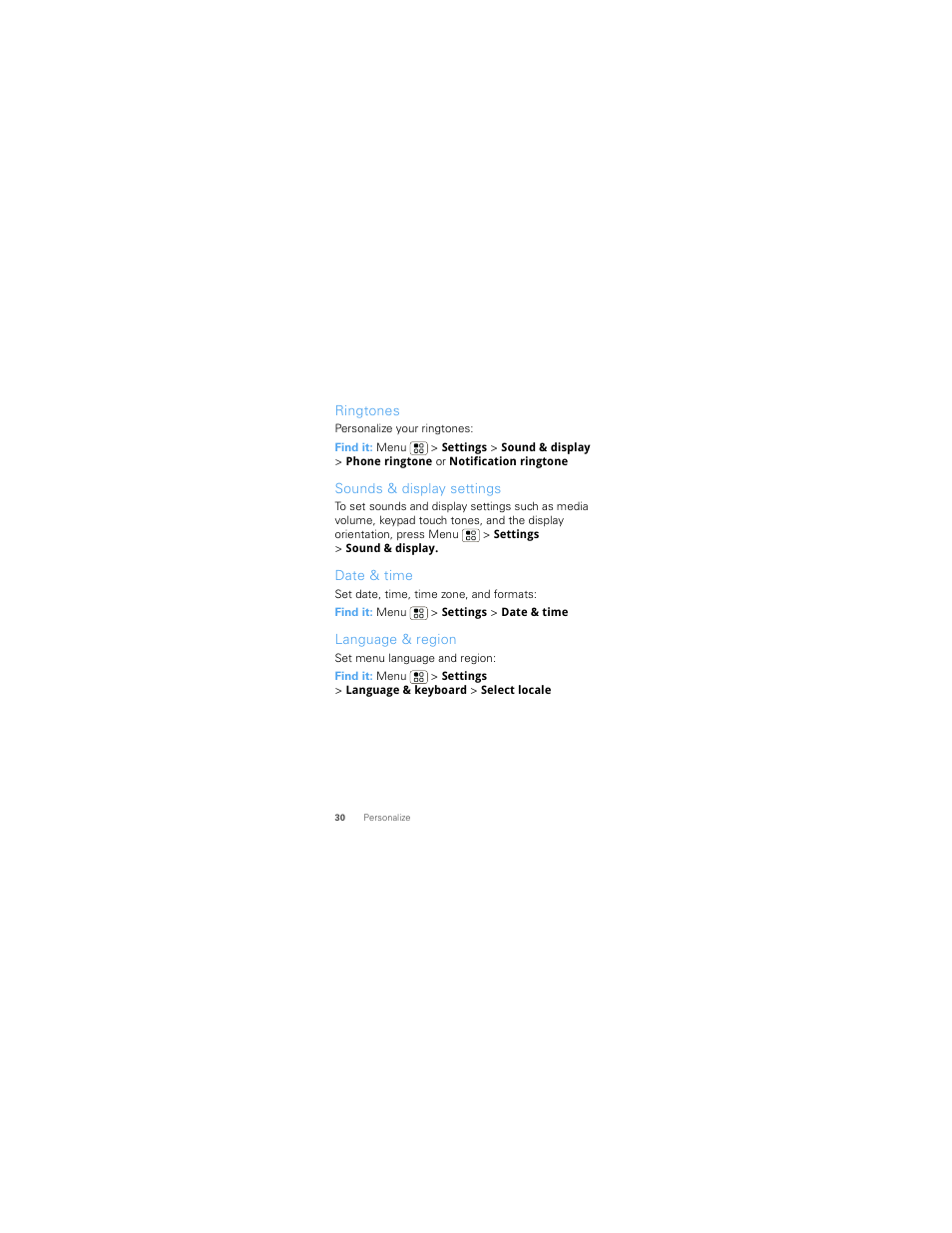 Ringtones, Sounds & display settings, Date & time | Language & region | Motorola 68000202986-A User Manual | Page 32 / 62