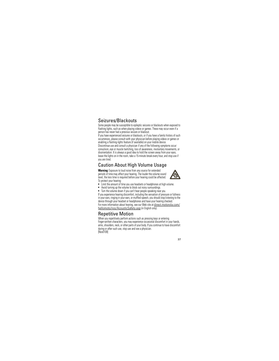 Seizures/blackouts, Caution about high volume usage, Repetitive motion | Motorola 68000202986-A User Manual | Page 39 / 62