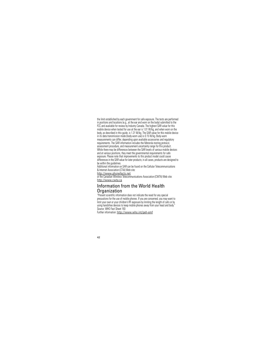 Who information, Information from the world health organization | Motorola 68000202986-A User Manual | Page 44 / 62