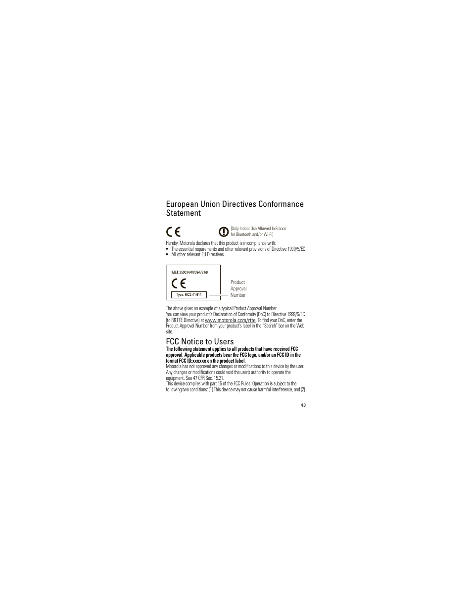 Eu conformance, Fcc notice, European union directives conformance statement | Fcc notice to users | Motorola 68000202986-A User Manual | Page 45 / 62