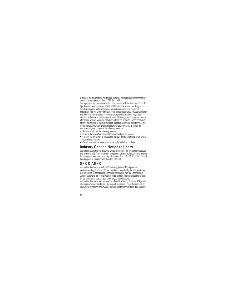 Industry canada notice, Gps & agps, Industry canada notice to users | Motorola 68000202986-A User Manual | Page 46 / 62