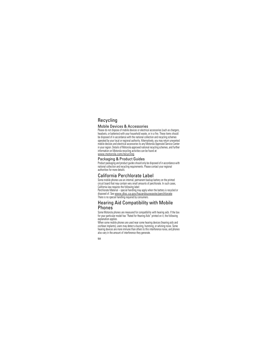 Recycling, Perchlorate label, Hearing aid compatibility | California perchlorate label, Hearing aid compatibility with mobile phones | Motorola 68000202986-A User Manual | Page 52 / 62