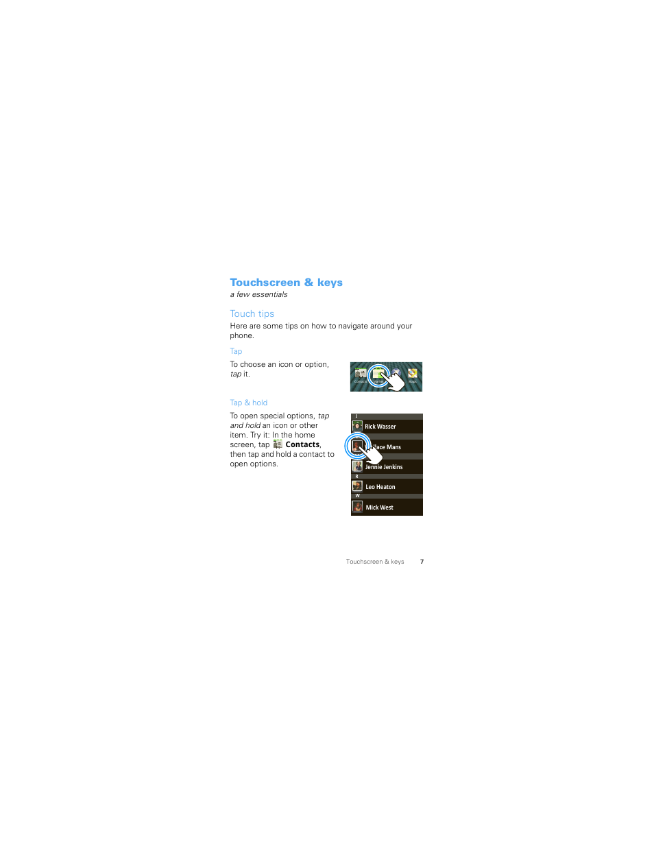 Touchscreen & keys, Touch tips | Motorola 68000202986-A User Manual | Page 9 / 62