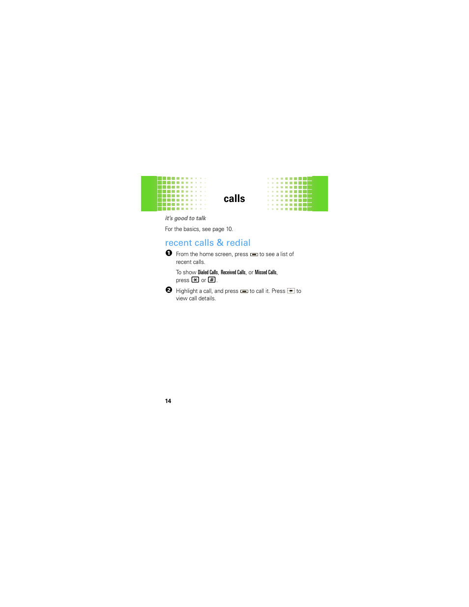 Calls, Recent calls & redial | Motorola A45ECO User Manual | Page 16 / 90