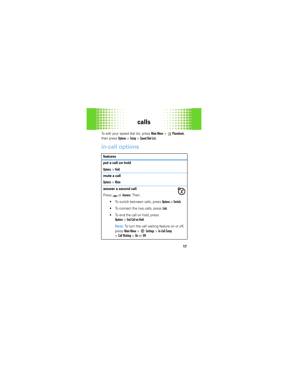 In-call options, Calls | Motorola A45ECO User Manual | Page 19 / 90