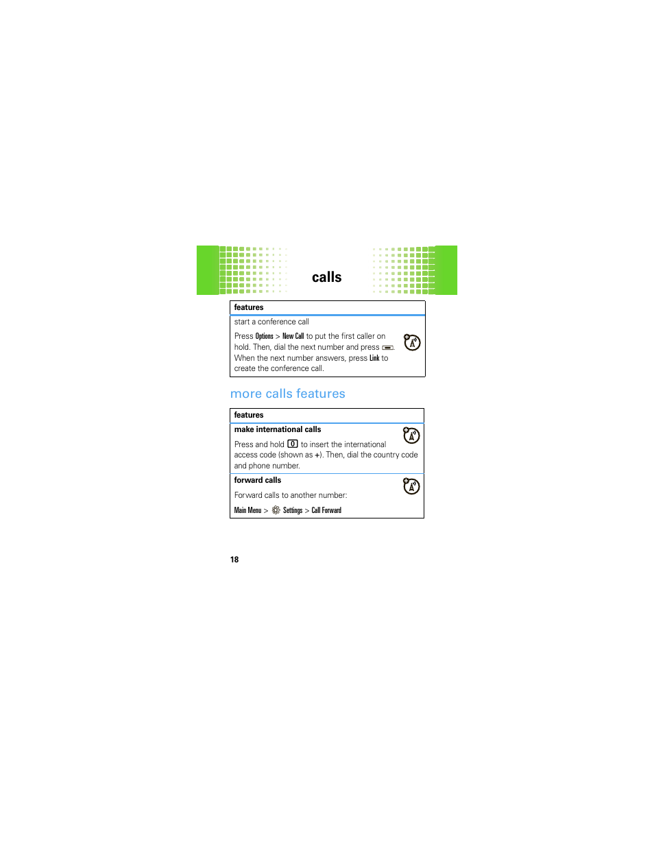 More calls features, Calls | Motorola A45ECO User Manual | Page 20 / 90