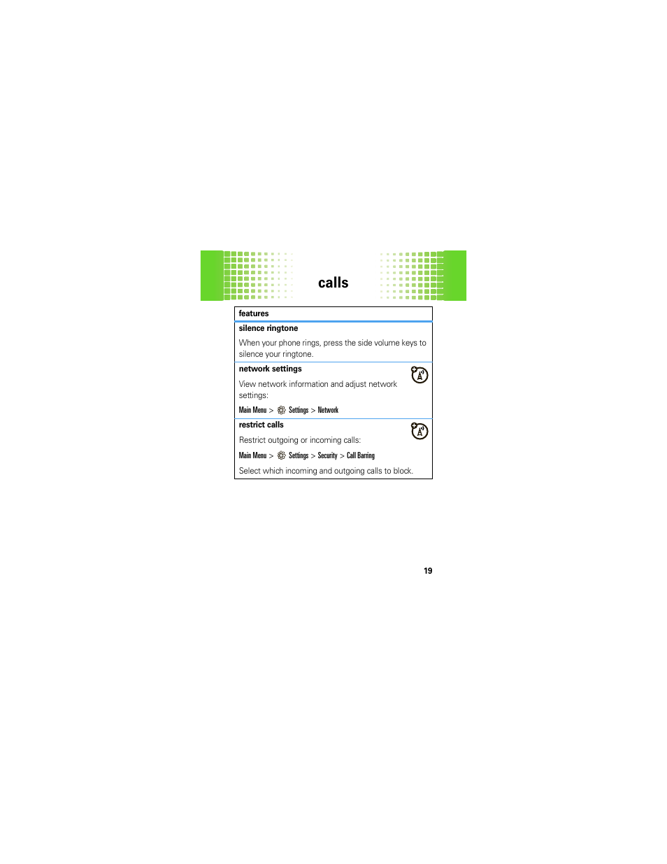 Calls | Motorola A45ECO User Manual | Page 21 / 90