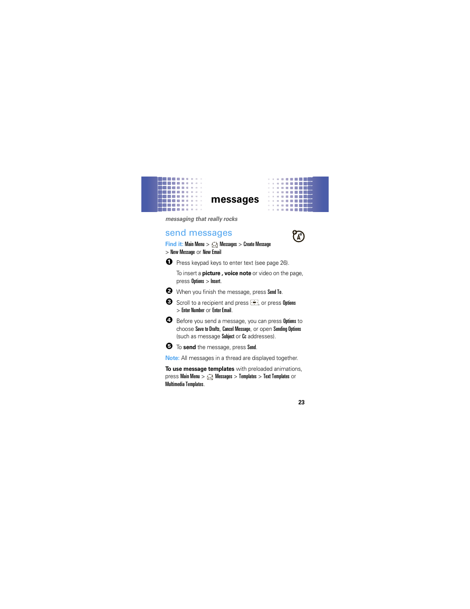 Messages, Send messages | Motorola A45ECO User Manual | Page 25 / 90