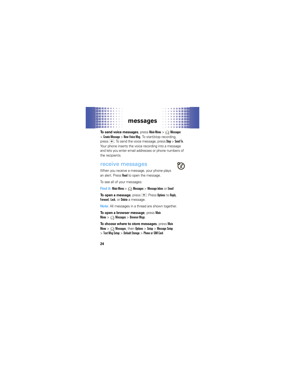 Receive messages, Messages | Motorola A45ECO User Manual | Page 26 / 90