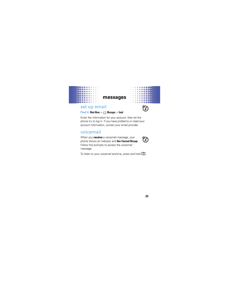 Set up email, Voicemail, Messages | Motorola A45ECO User Manual | Page 27 / 90