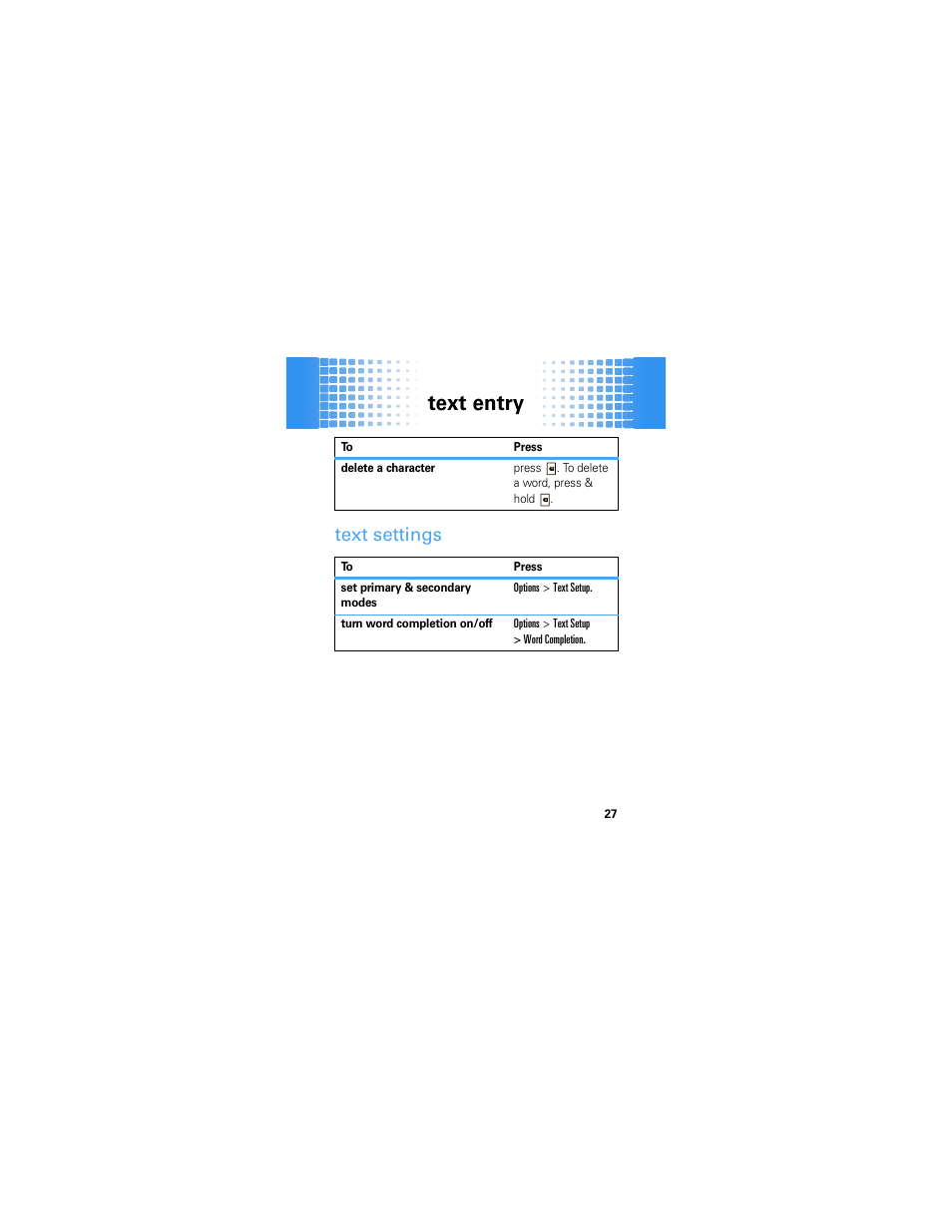 Text settings, Text entry | Motorola A45ECO User Manual | Page 29 / 90