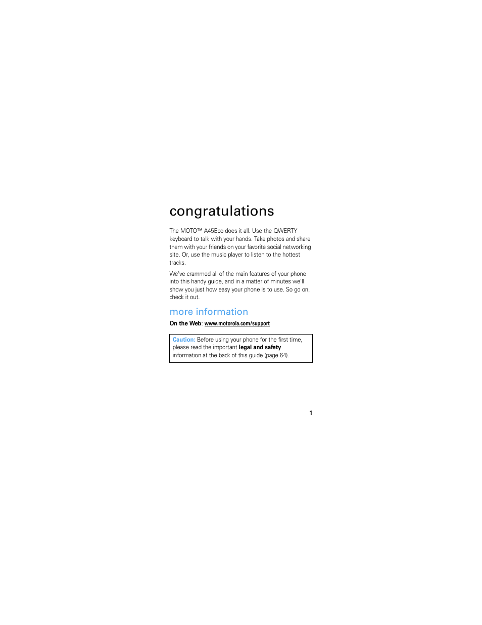 Congratulations, More information | Motorola A45ECO User Manual | Page 3 / 90