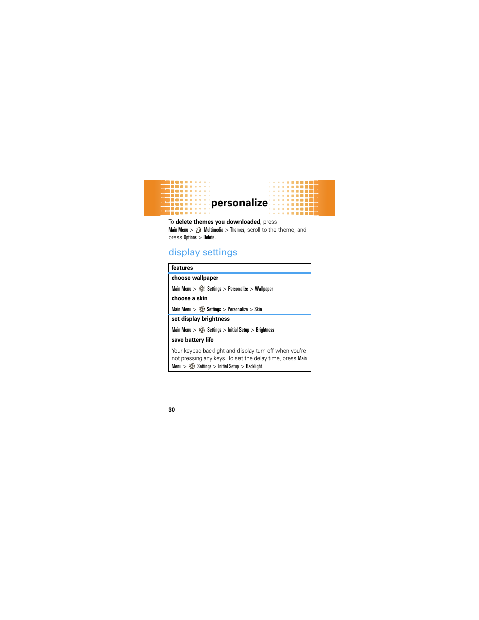 Display settings, Personalize | Motorola A45ECO User Manual | Page 32 / 90