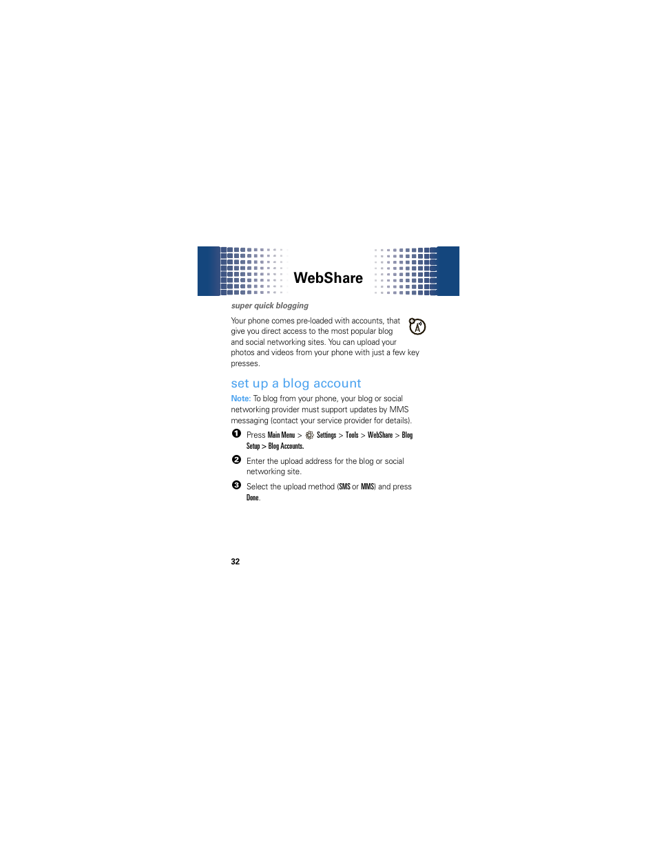 Webshare, Set up a blog account | Motorola A45ECO User Manual | Page 34 / 90