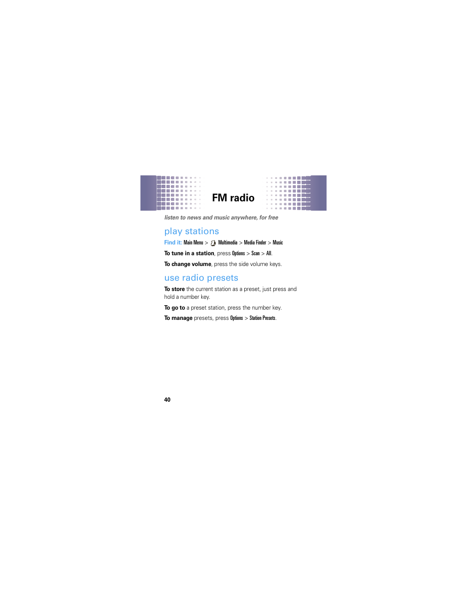 Fm radio, Play stations, Use radio presets | Motorola A45ECO User Manual | Page 42 / 90