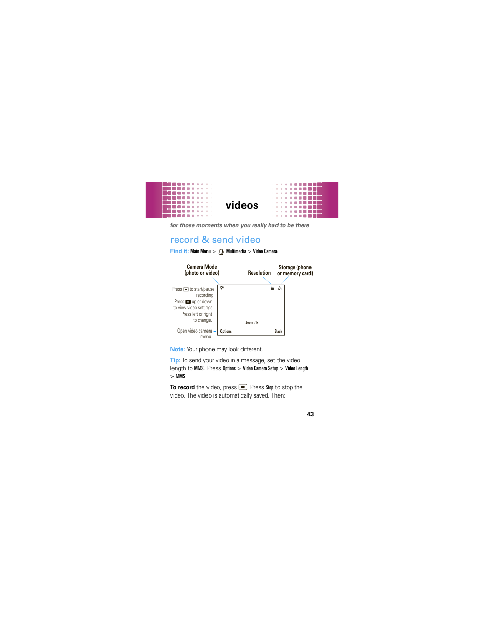 Videos, Record & send video | Motorola A45ECO User Manual | Page 45 / 90