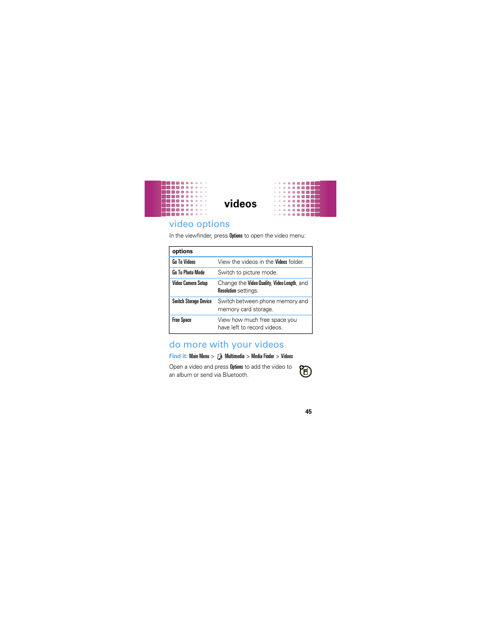 Video options, Do more with your videos, Videos | Motorola A45ECO User Manual | Page 47 / 90