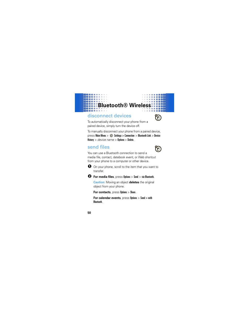 Disconnect devices, Send files, Bluetooth® wireless | Motorola A45ECO User Manual | Page 52 / 90