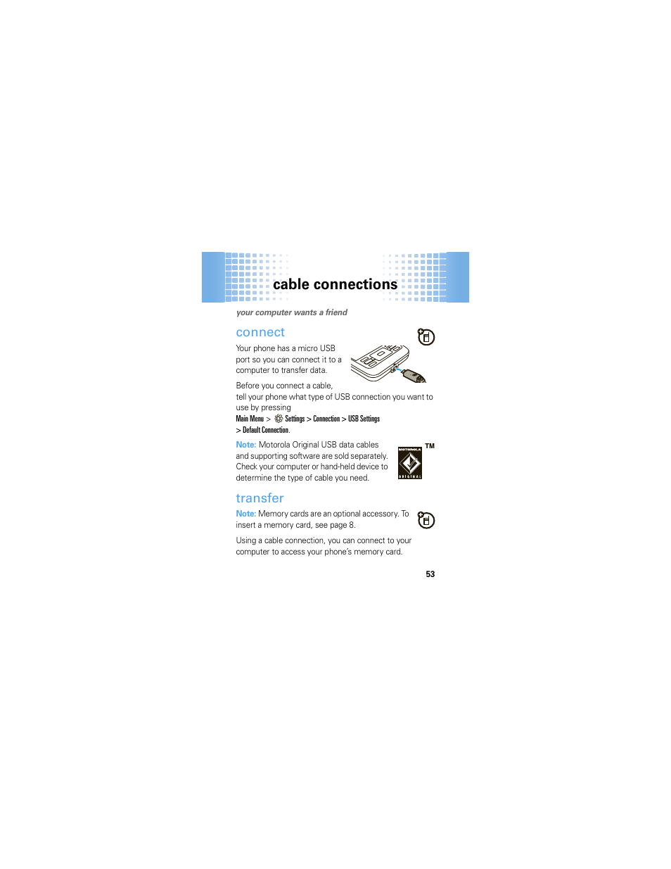 Cable connections, Connect, Transfer | Motorola A45ECO User Manual | Page 55 / 90