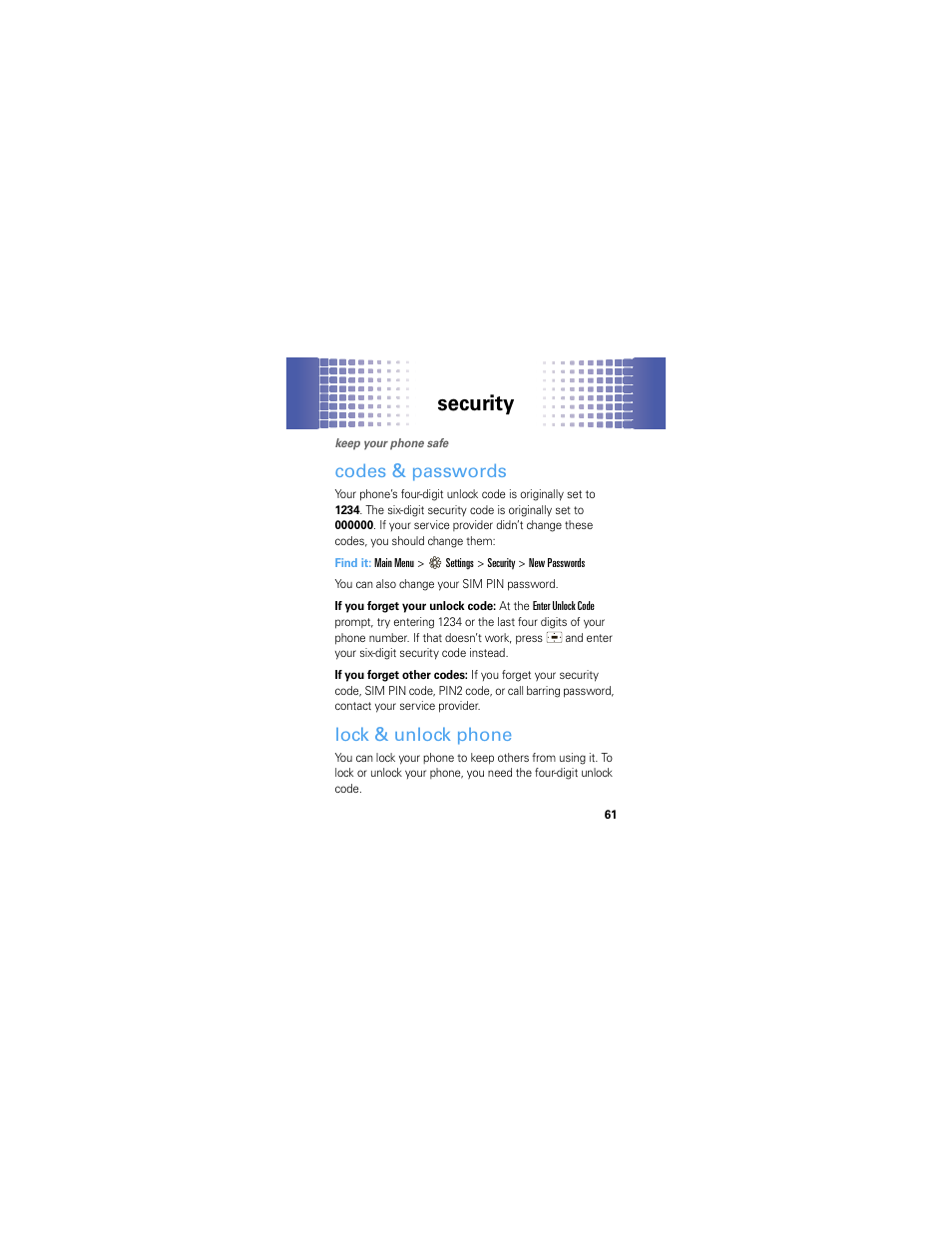 Security, Codes & passwords, Lock & unlock phone | Motorola A45ECO User Manual | Page 63 / 90