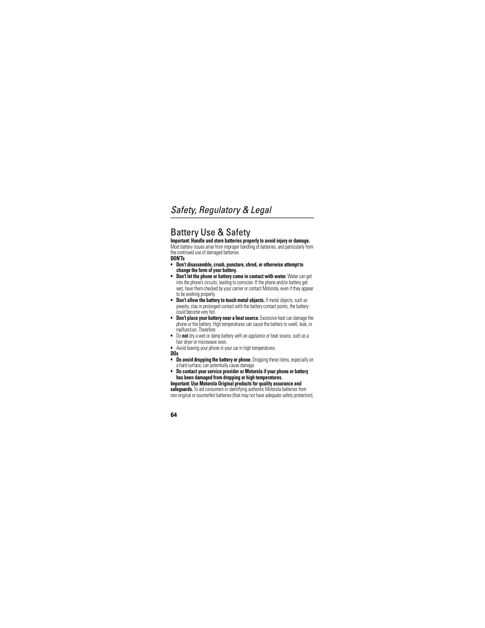 Safety, regulatory & legal, Battery use & safety, Safety, regulatory & legal battery use & safety | Motorola A45ECO User Manual | Page 66 / 90