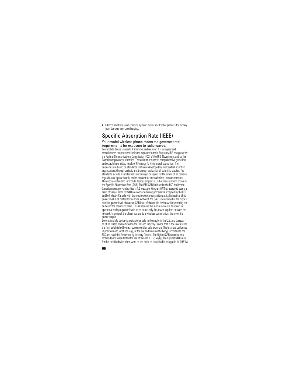 Sar (ieee), Specific absorption rate (ieee) | Motorola A45ECO User Manual | Page 68 / 90
