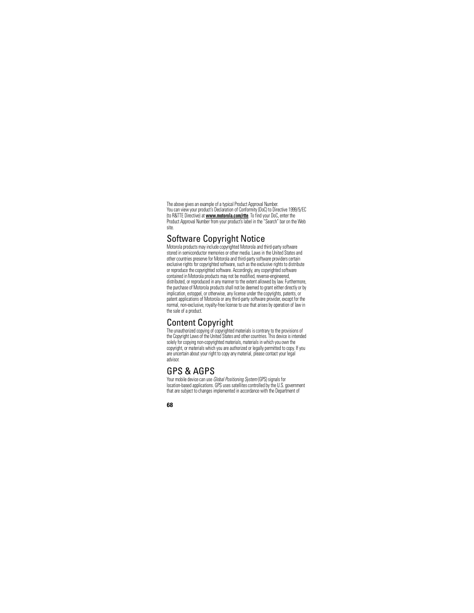Software copyright notice, Content copyright, Gps & agps | Motorola A45ECO User Manual | Page 70 / 90