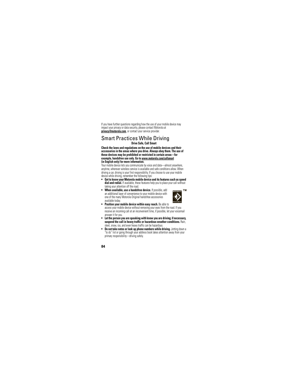 Driving safety, Smart practices while driving | Motorola A45ECO User Manual | Page 86 / 90