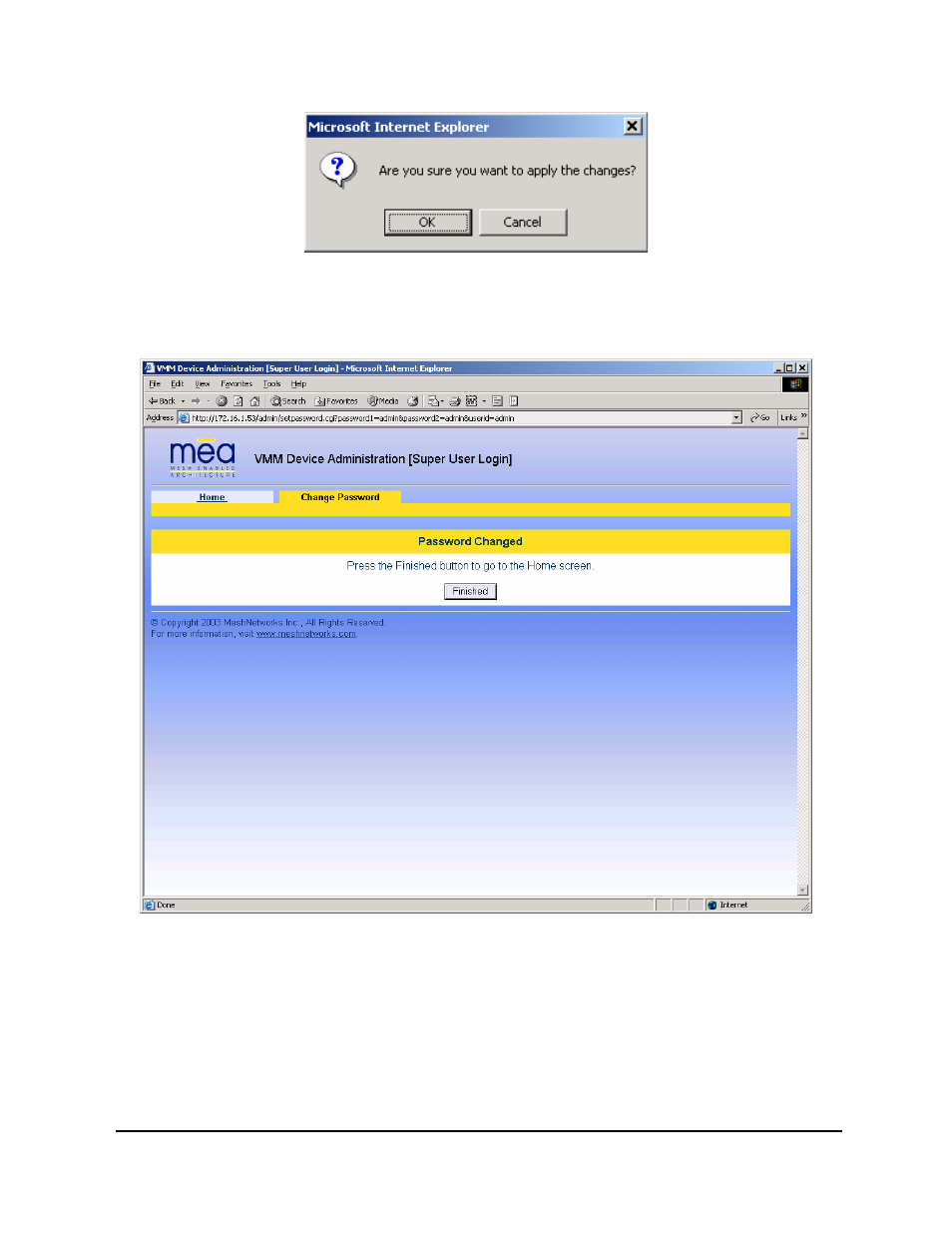 Figure 4-2, Confirm changes window for enter new password, Figure 4-3 | Motorola MEA 3.1 User Manual | Page 33 / 49