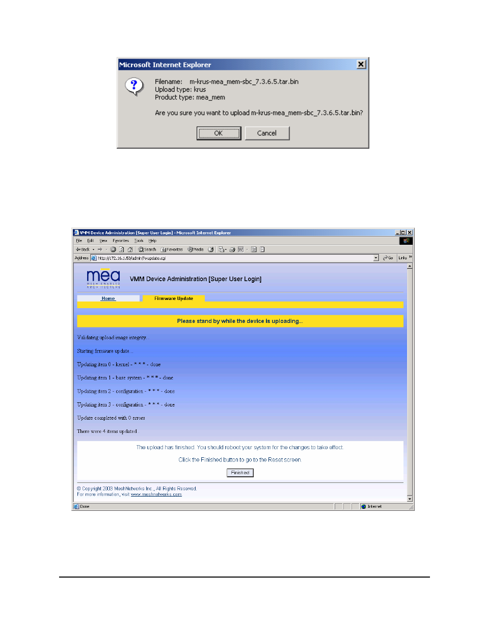 Figure 4-5, Confirm upload window for firmware update, Figure 4-6 | Motorola MEA 3.1 User Manual | Page 35 / 49