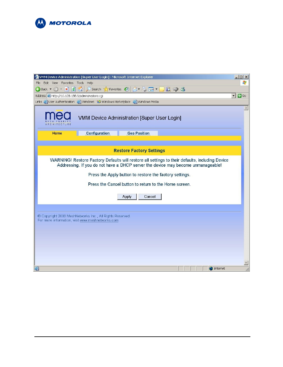 6 restoring factory settings – normal operations, Restoring factory settings – normal operations, Figure 4-10 | Motorola MEA 3.1 User Manual | Page 40 / 49