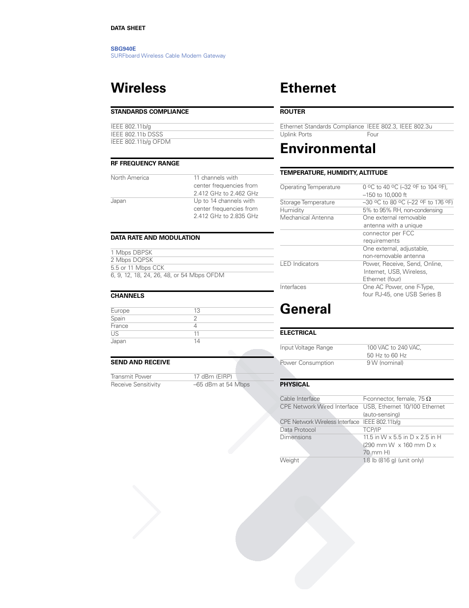 Wireless, Ethernet, Environmental | General | Motorola SURFboard SBG940E User Manual | Page 2 / 3