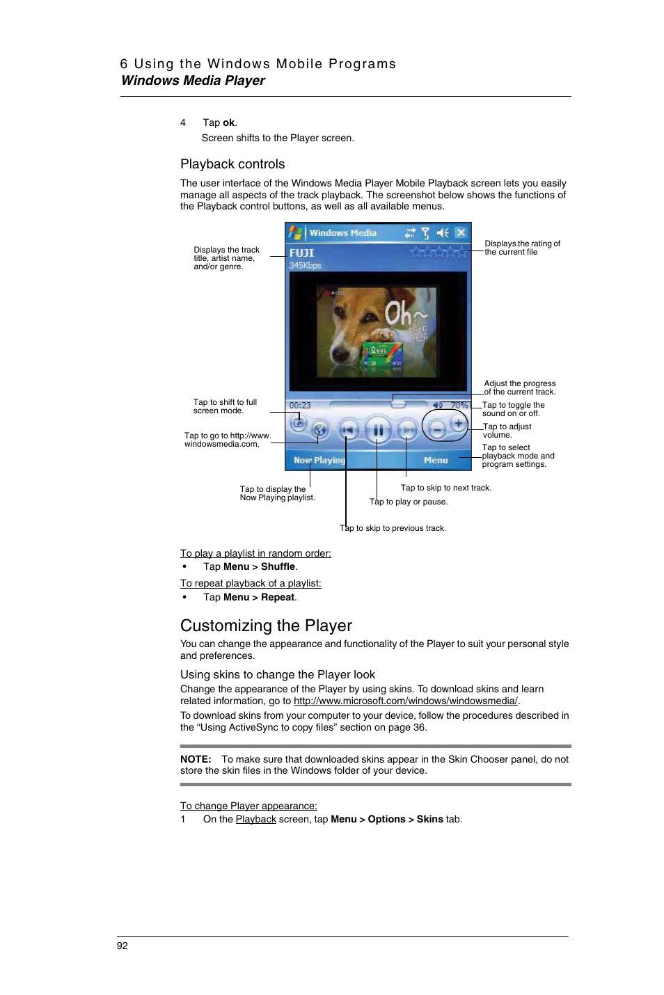 Customizing the player, Playback controls | Motorola MC35 EDA User Manual | Page 102 / 236