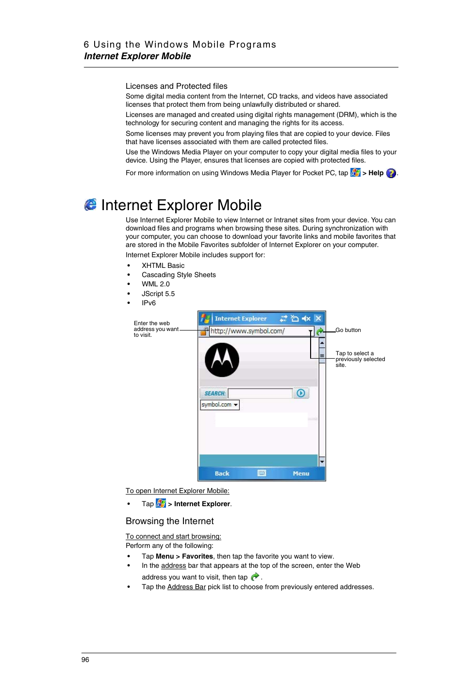 Internet explorer mobile, Browsing the internet | Motorola MC35 EDA User Manual | Page 106 / 236