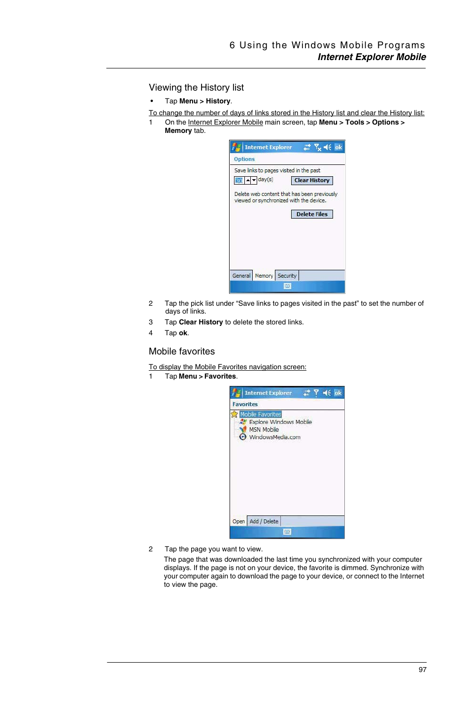 Viewing the history list, Mobile favorites | Motorola MC35 EDA User Manual | Page 107 / 236