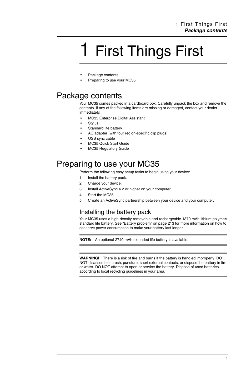 1 first things first, Package contents, Preparing to use your mc35 | Installing the battery pack, Package contents preparing to use your mc35, First things first | Motorola MC35 EDA User Manual | Page 11 / 236